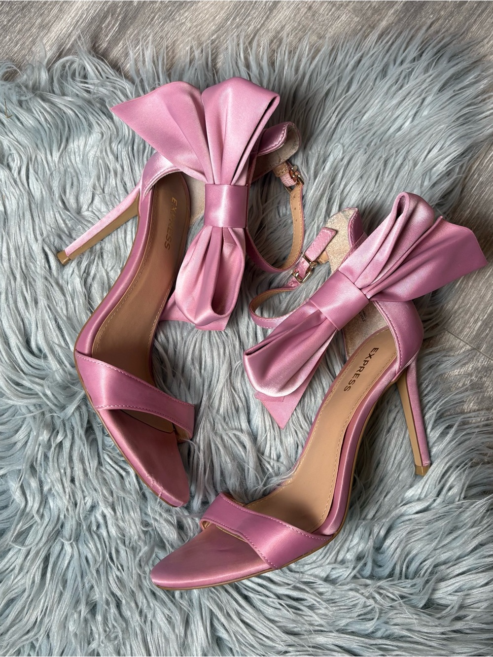 Express shiny Satin oversized Bow open toe Stiletto Sandals 6.5